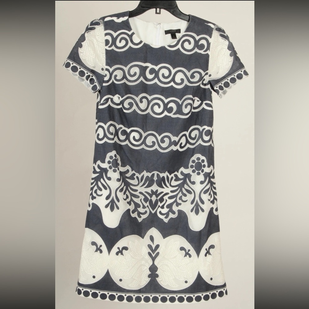 J. Crew Dress Women’s 2 Blue White Shift A Line Lined Short Sleeve Knit
